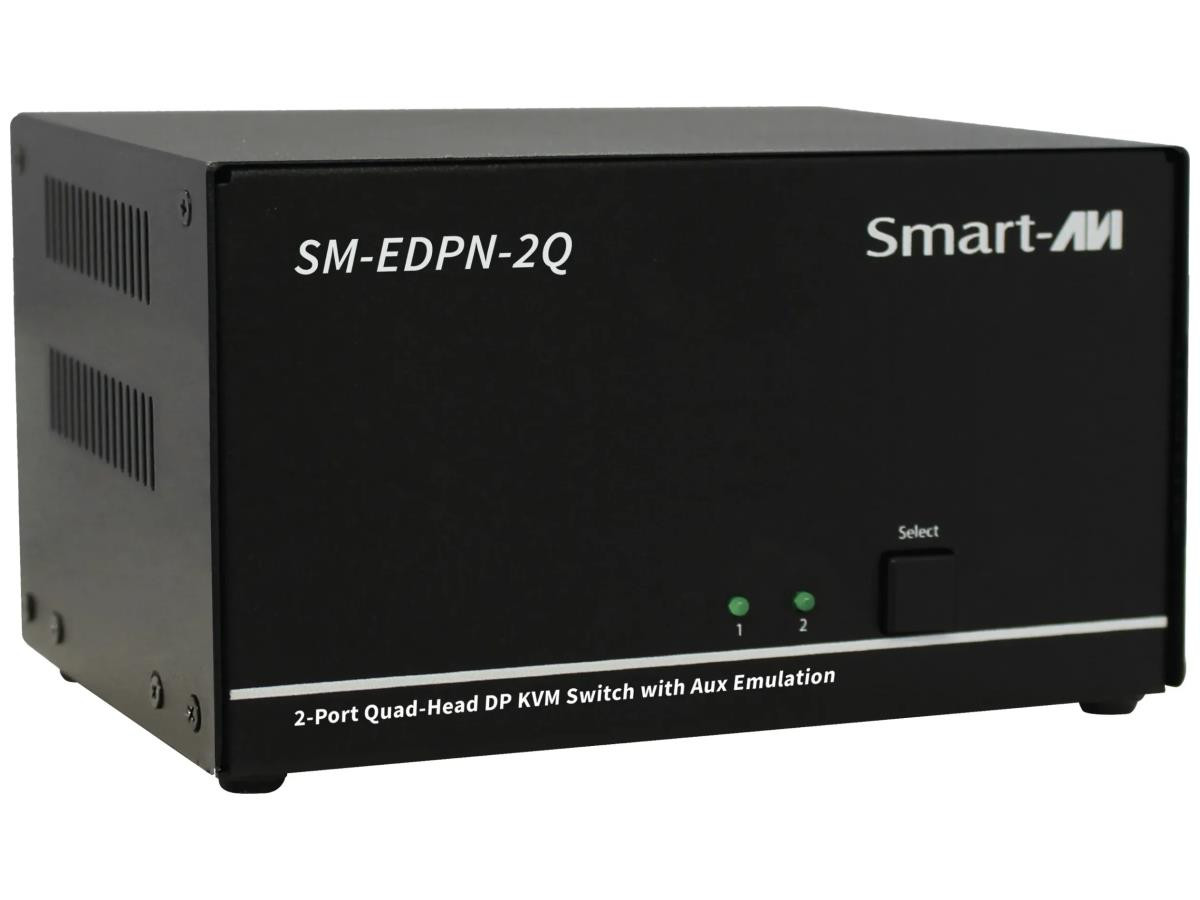 Smartavi 4K60 DisplayPort, 2-Port, Quad-Head, KVM Switch with Emulation, Audio and USB 2.0 Support. Includes: SM-EDPN-2Q, PS12VD3A -SM-EDPN-2Q-S