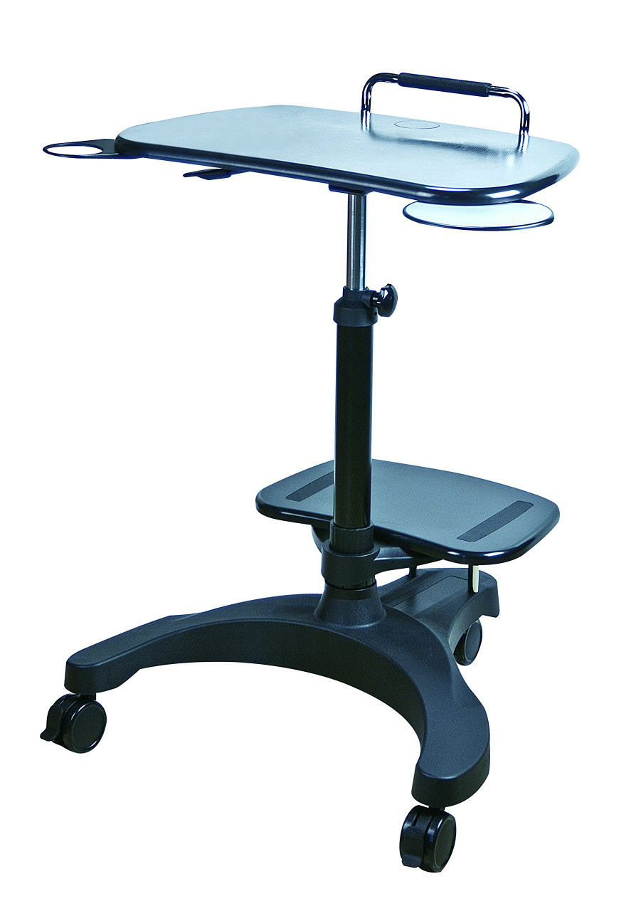 Ergoguys Aidata Mobile Side Table with Casters Black. Suface has room for laptop, tablet, coffee cup. Cart surface is height adjustable. Includes basket for cart, sit/stand, or podium use. Casters for movement - EST-01
