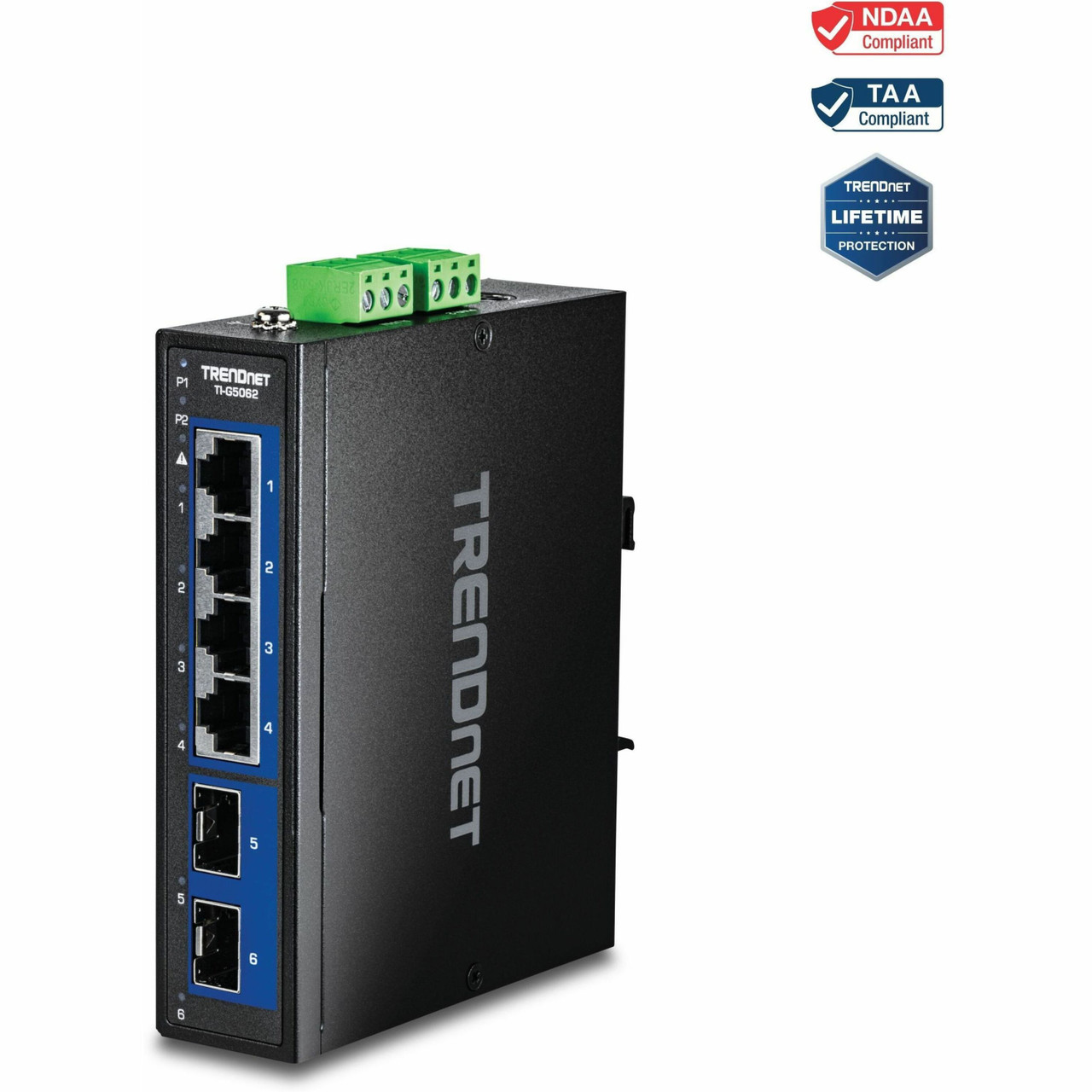 Trendnet 6-Port Hardened Industrial Multi-Gig DIN-Rail Switch, TI-G5062, 4 x 2.5G Ports, 2 x 10G SFP Ports, 60Gbs Switching Capacity, Lifetime Protection - TI-G5062