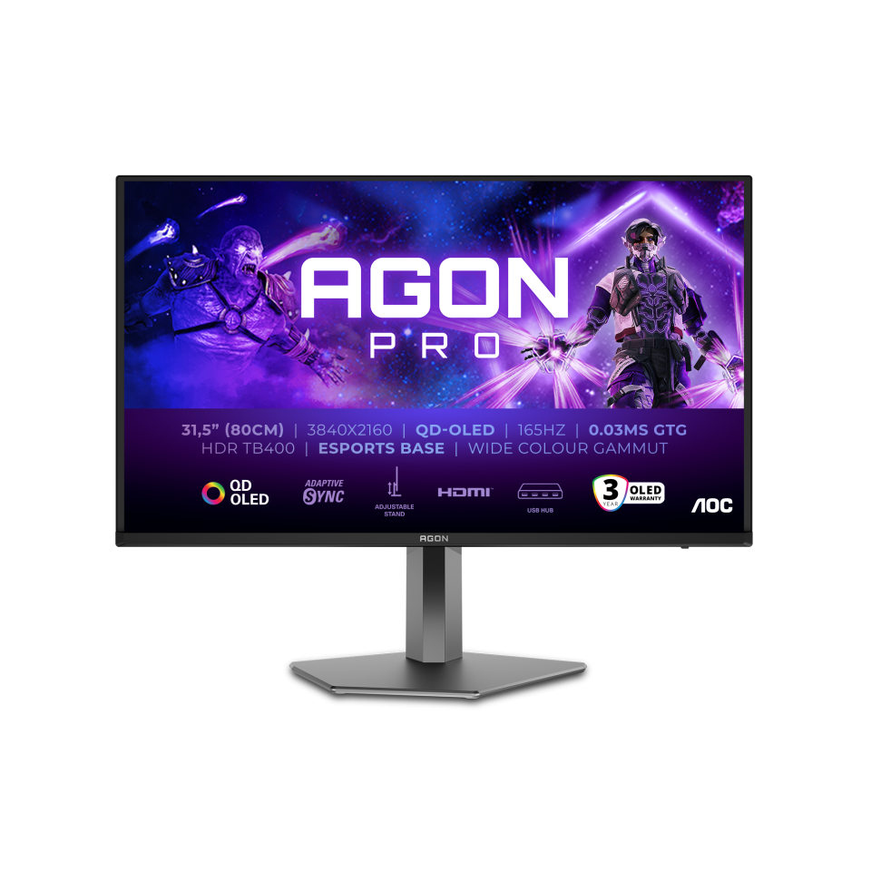 AOC AG326UD 31.5-Inch UHD QDOLED Monitor Featuring A 3840x2160 Resolution, 165Hz Refresh Rate, And HDR Trueblack HDR400 VESA Certified. It Delivers Stunning Visuals And Top-Tier Performance