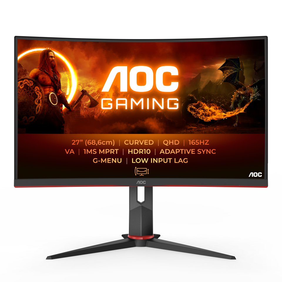 AOC CQ27G2S/BK 27” QHD Monitor Featuring A Curved VA Panel, Silk-Smooth 165Hz Refresh Rate, Low Input Lag And HDR10 Support For High Speed Games In All Their Glory