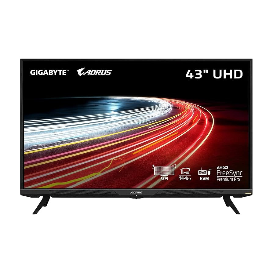 Gigabyte 43 VA,Flat,3840 x 2160 (UHD),0.2451(H) x 0.2451(V),750 cd/m2 (TYP), 1000 cd/m2(peak),4000:1,12M:1,178 (H)/178 (V),8 bits+FRC,1ms (MPRT),144Hz,HDMI 2.1 x2,Display port 1.4 (DSC) x1,USB 3.0 x2 USB C x1,7.5W x 2 - AORUS FV43U