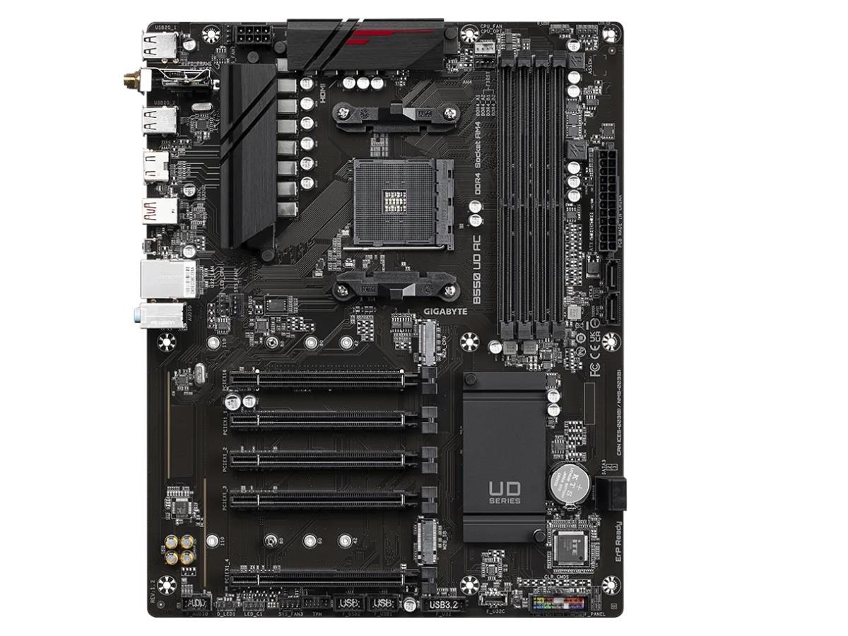 Gigabyte B550 UD AC - ATX - Supports AMD Ryzen 5000 Series/ Ryzen 5000 G-Series/ Ryzen 4000 G-Series/ Ryzen 3000 and Ryzen 3000 G-Series Processors - AMD B550 - Socket AM4 - DDR4 - 128GB RAM Supported - USB,RJ-45 - Ethernet - HDMI - B550 UD AC