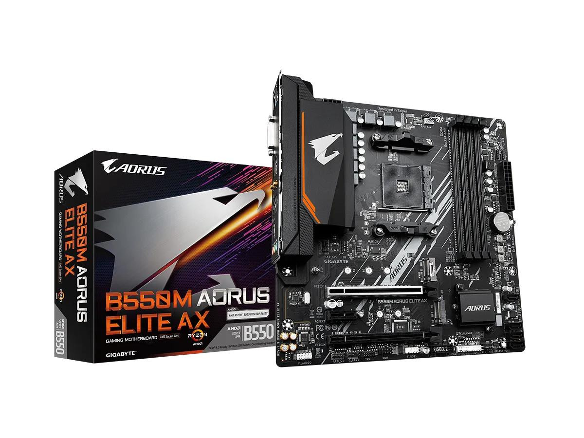 Gigabyte B550M AORUS ELITE AX - Micro ATX - Supports AMD Ryzen 5000 Series/ Ryzen 5000 G-Series/ Ryzen 4000 G-Series/ Ryzen 3000 and Ryzen 3000 G-Series Processors - AMD B550 - Socket AM4 - DDR4 - 128GB RAM Supported - B550M AORUS ELITE AX