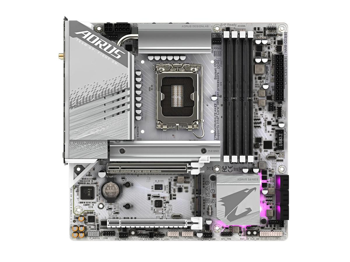 Gigabyte Z790M AORUS ELITE AX ICE - Micro ATX - Support for the 14th, 13th, and 12th Generation Intel Core, Pentium Gold and Celeron Processors - Intel Z790 - Socket LGA1700 - DDR5 - 192GB RAM Supported - Ethernet - Z790M AORUS ELITE AX ICE