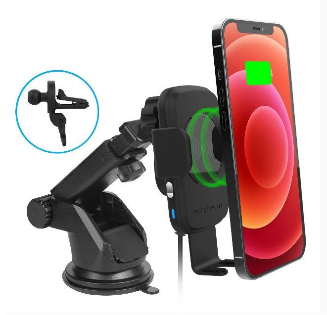 Naztech Smart Grip 15W Wireless Fast Charging Mount | Vent + Dashboard + Windshield | Black - 15425