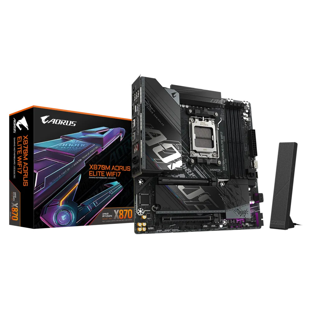 Gigabyte Motherboard X870M AORUS ELITE WIFI7 Micro ATX – AMD X870 Chipset, Socket AM5, Supports Ryzen 9000/8000/7000 Series, DDR5 up to 8200MT/s, PCIe 5.0, Dual M.2, USB4, 2.5GbE LAN, Wi-Fi 7 - X870M AORUS ELITE WIFI7