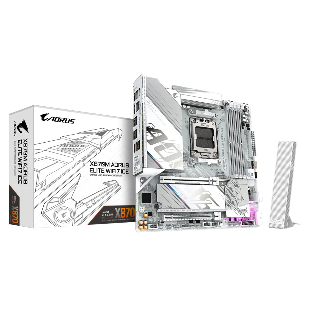 Gigabyte X870M AORUS ELITE WIFI7 ICE Micro ATX Motherboard – AMD X870 Chipset, Socket AM5, Supports Ryzen 9000/8000/7000 CPUs, DDR5 8200MT/s, PCIe 5.0, Dual M.2, USB4, 2.5GbE LAN, Wi-Fi 7, RGB Fusion -X870M AORUS ELITE WIFI7 ICE