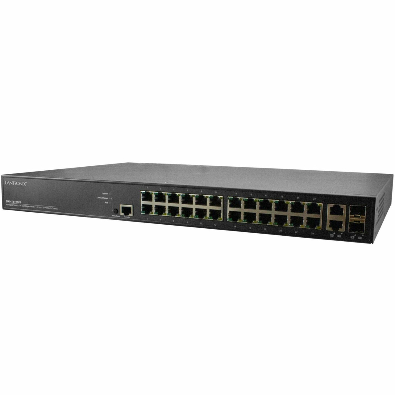 Lantronix Managed Gigabit Ethernet PoE++ Switch 24 10/100/1000Base-T Ports + 2 100/1000Base-X SFP/RJ-45 Combo Ports - SM24TBT2DPB-920