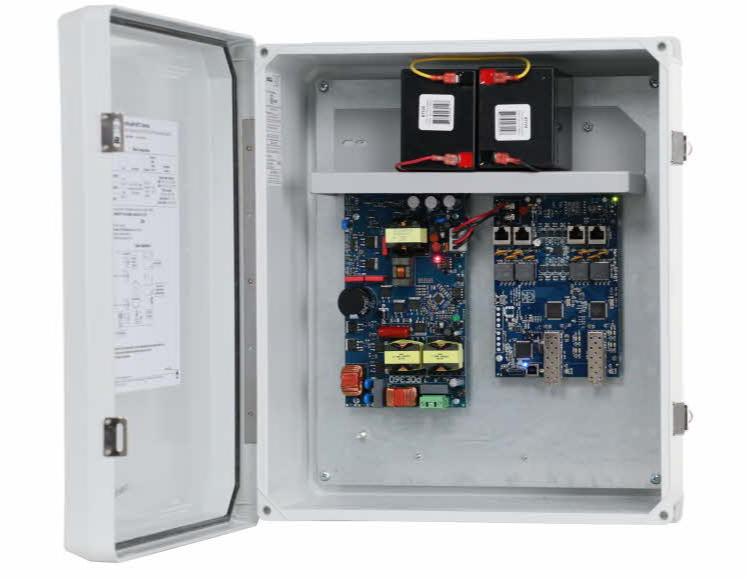 Altronix NETWAYSP4BTWPX3 Dual Fiber Optic SFP 1G Link, 4-Port Hardened Network Managed 802.3bt 4ppoe Switch And 320W Power Supply/Charger Mounted In NEMA4/4X, IP66 Rated Outdoor Enclosure. Accommodates Up To Four (4) 12VDC/4AH Batteries