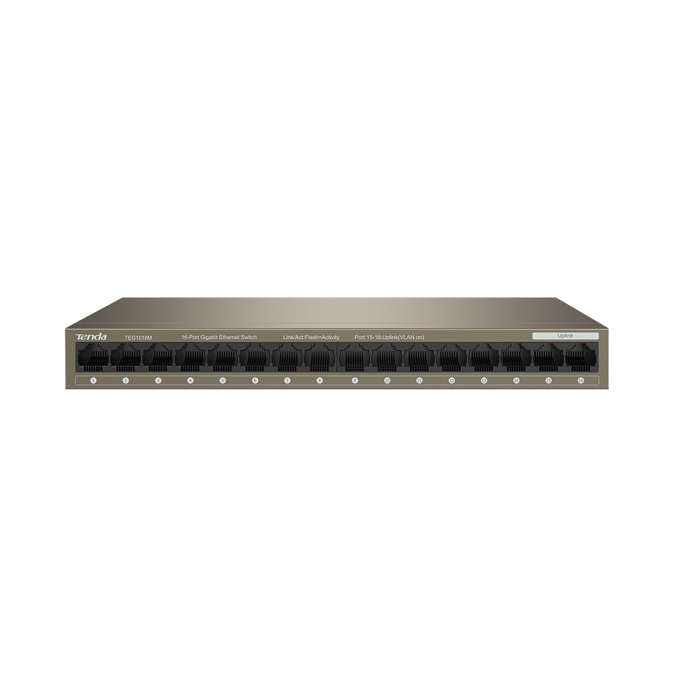 Tenda 16-Port Gigabit Ethernet Switch - 16 Ports - Gigabit Ethernet - 10/100/1000Base-T - 2 Layer Supported - Twisted Pair - Desktop, Wall Mountable, Rack-mountable - TEG1016M