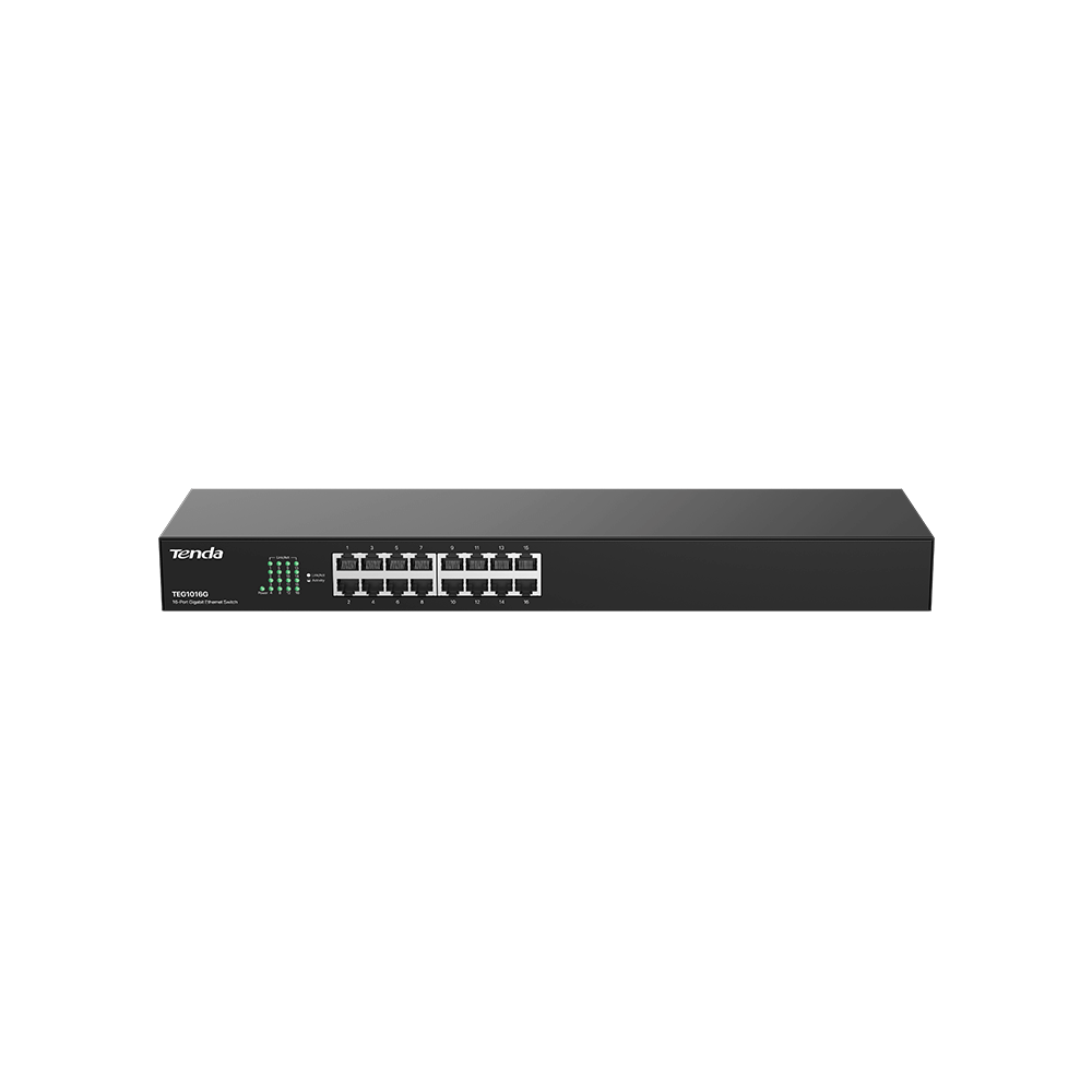 Tenda 16-Port Gigabit Ethernet Switch - 16 Ports - 10/100/1000Base-T - 2 Layer Supported - Twisted Pair - 1U High - Rack-mountable, Desktop - TEM2010F v9.0