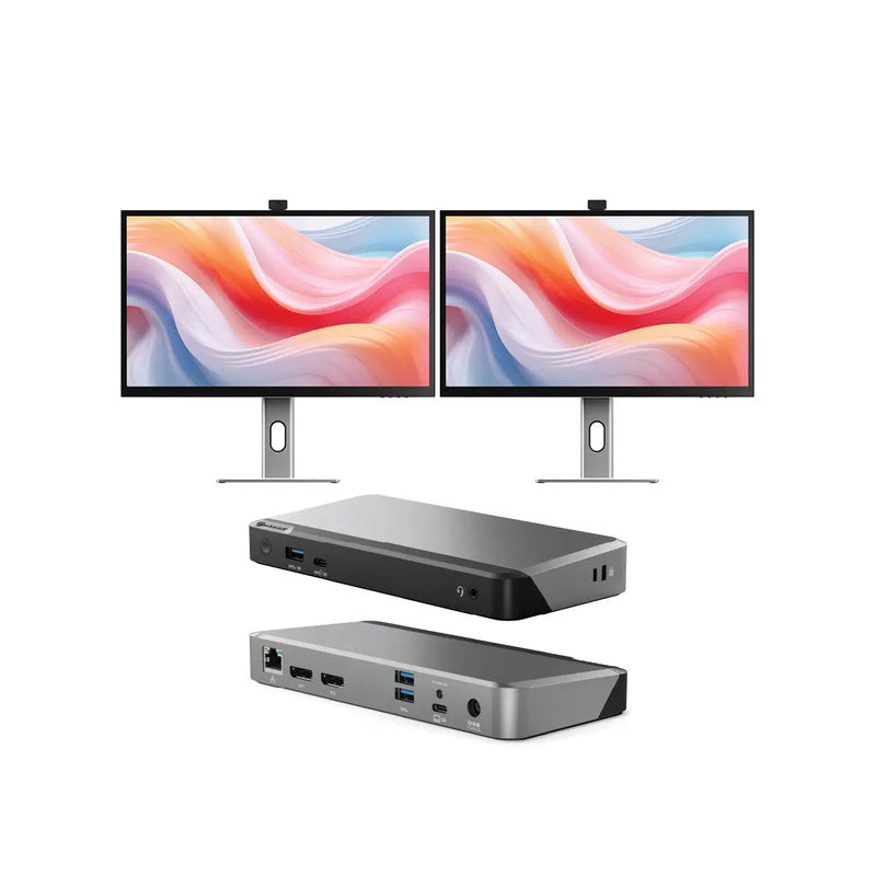 Alogic Clarity Pro 27" UHD 4K Monitor with 65W PD and Webcam (Pack of 2) + DX2 Dual 4K Display Universal Docking Station – with 65W Power Delivery - B27CP2DX2
