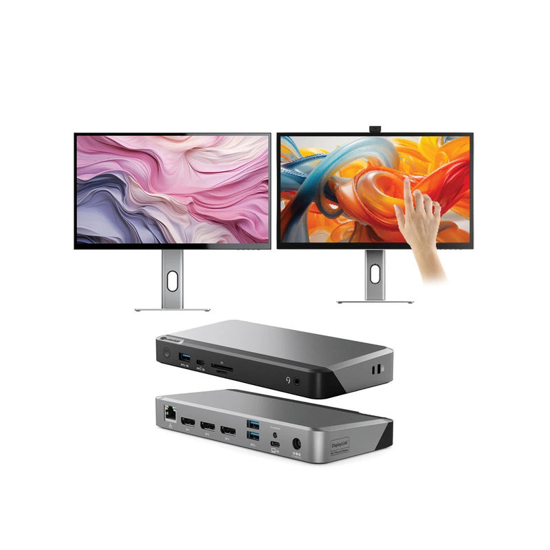 Alogic CLARITY 27” UHD 4K Monitor + Clarity Pro Touch 27" UHD 4K Monitor with 65W PD, Webcam and Touchscreen + DX2 Dual 4K Display Universal Docking Station – with 65W Power Delivery - B27CCPTDX2