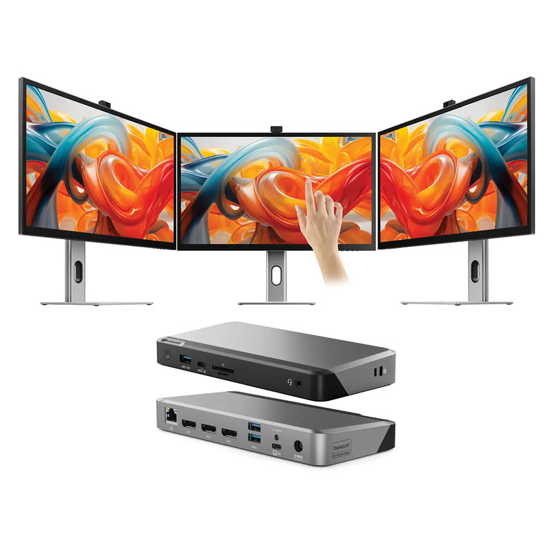 Alogic Clarity Pro Touch 27" UHD 4K Monitor with 65W PD, Webcam and Touchscreen (Pack of 3) + DX3 Triple 4K Display Universal Docking Station – with 100W Power Delivery - B27CPT3DX3
