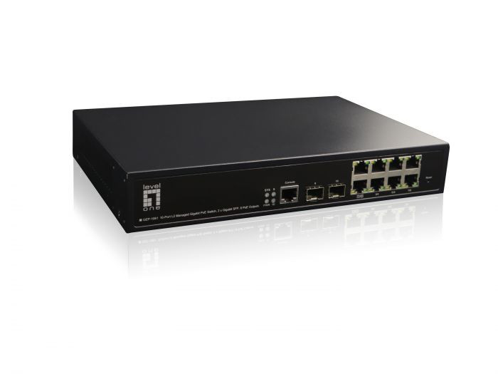LevelOne GEP-1061 10-Port L2 Managed Gigabit PoE Switch, 2 x Gigabit SFP, 8 PoE Outputs, 180W PoE Power Budget -59910103201
