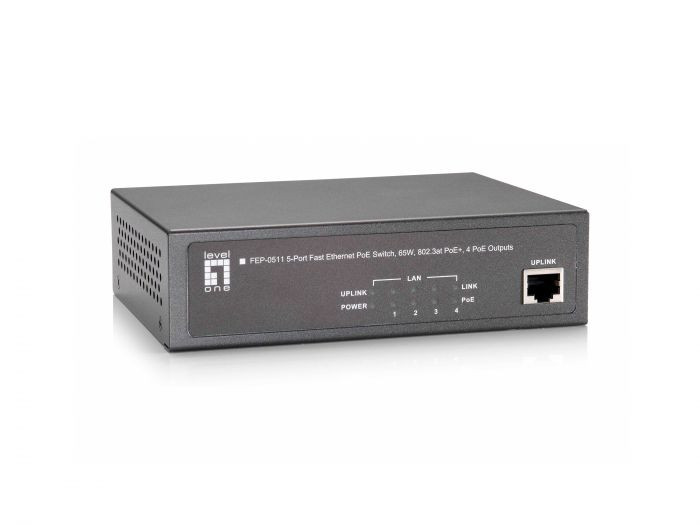 LevelOne FEP-0511W90, 5-Port Fast Ethernet PoE Switch, 802.3at/af PoE, 4 PoE Outputs, 90W -52083503