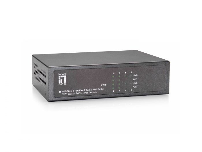 LevelOne FEP-0812, 8-Port Fast Ethernet PoE Switch, 802.3at/af PoE, 4 PoE Outputs, 65W -520821