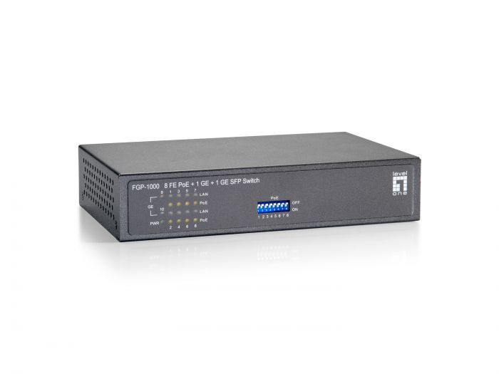 LevelOne FGP-1000 10-Port Fast Ethernet PoE Switch, 1 x Gigabit RJ45, 1 x Gigabit SFP, 8 PoE Outputs, 120W -520831