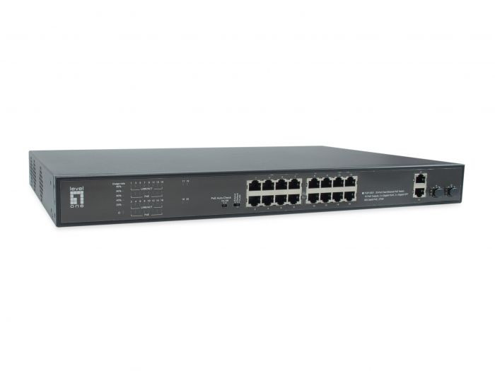 LevelOne FGP-2031 20-Port Fast Ethernet PoE Switch, 16 PoE Outputs, 2 x Gigabit RJ45, 2 x Gigabit SFP, 802.3at/af PoE, 270W -52095103