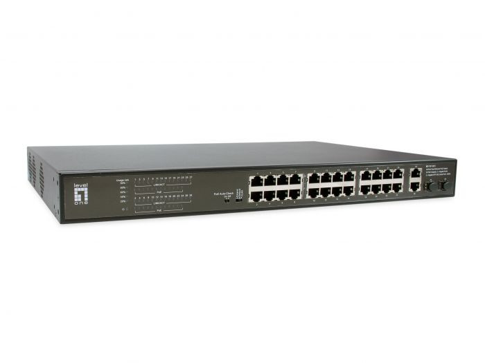 LevelOne FGP-2831 28-Port Fast Ethernet PoE Switch, 24 PoE Outputs, 2 x Gigabit RJ45, 2 x Gigabit SFP, 802.3at/af PoE, 390W -52095203