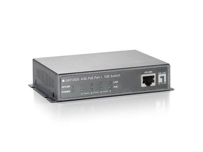 LevelOne GEP-0520 5-Port Gigabit PoE Switch, 802.3af PoE, 4 PoE Outputs, power adapter included, 61.6W -599009