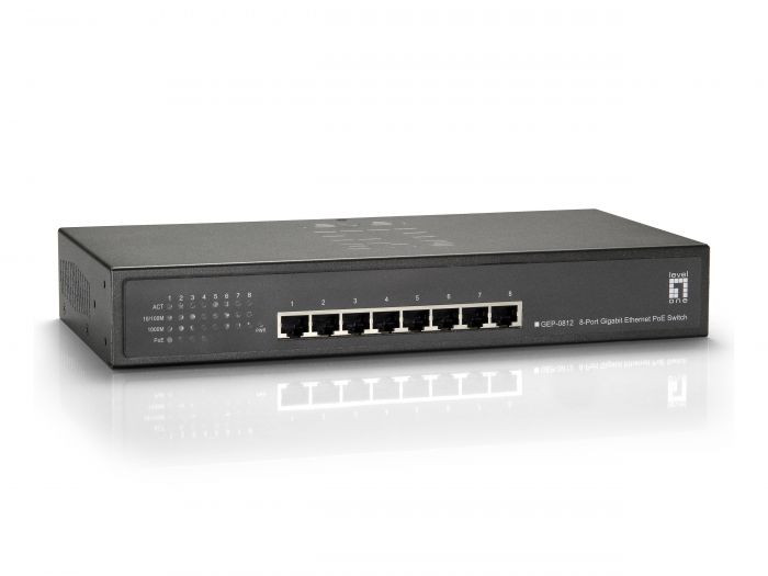 LevelOne GEP-0812, 8-Port Gigabit PoE Switch, 4 PoE Outputs, 4 Gigabit ports and 4 Gigabit PoE ports -52083403