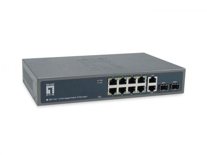 LevelOne GEP-1221, 12-Port-Gigabit Switch, 8-PoE output, 2 x Gigabit SFP, 150W -52090503101