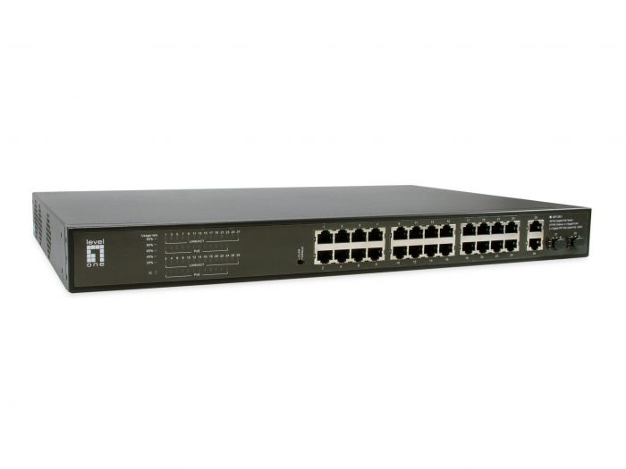 LevelOne GEP-2821 28-Port Gigabit PoE Switch, 24 PoE Outputs, 2 x Gigabit RJ45, 2 x Gigabit SFP, 802.3at/af PoE, 390W -52090303
