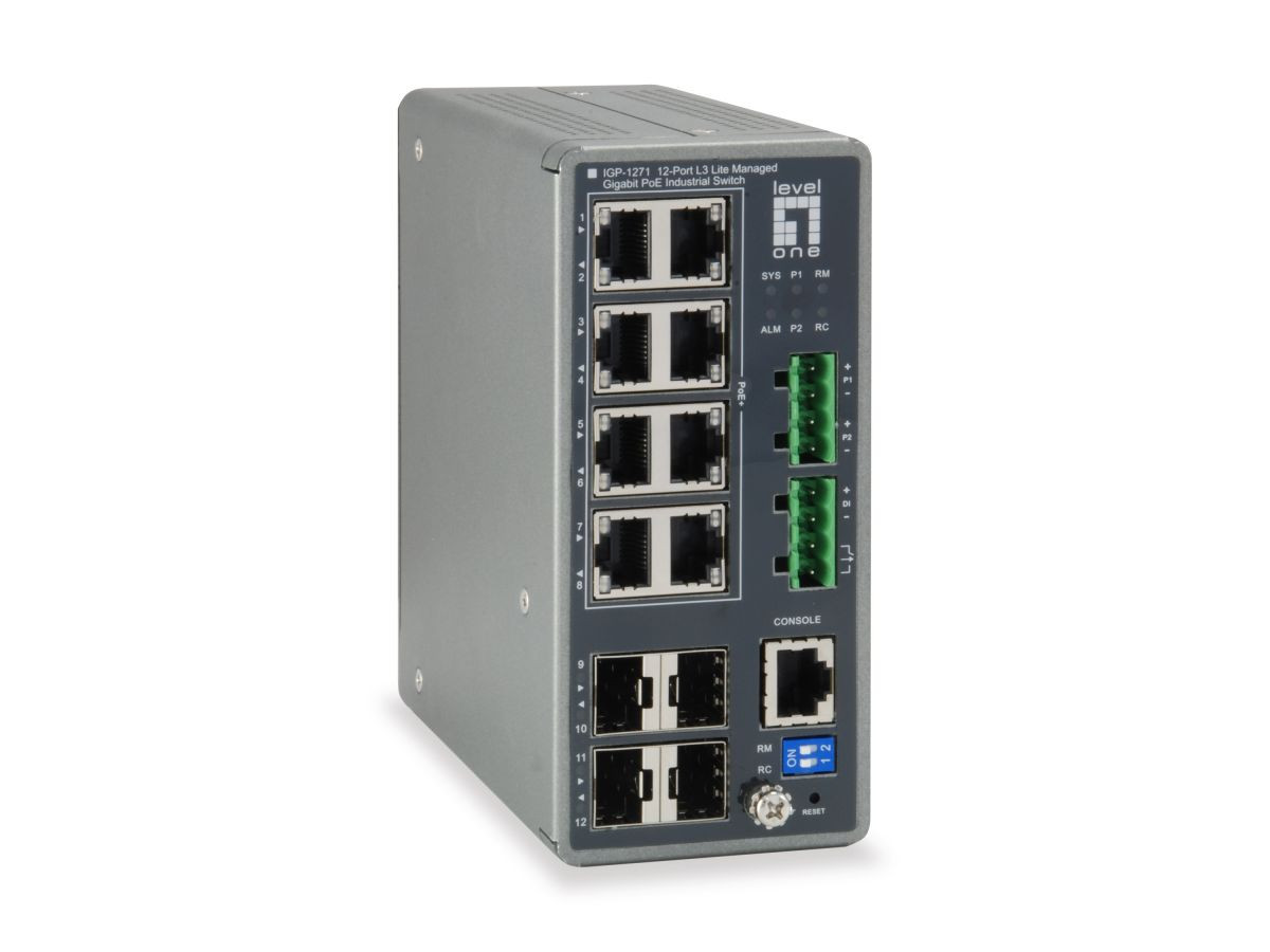 Levelone IGP-1271 TURING 12-Port L3 Lite Managed Gigabit Industrial Switch, 8 PoE Outputs, 240W, 802.3at/af PoE, 4 x SFP, -40°C to 75°C Levelone IGP-1271 TURING 12-Port L3 Lite Managed Gigabit Industrial Switch, 8 PoE Outputs, 240W, 802.3at/af PoE, 4 x SFP, -40°C to 75°C