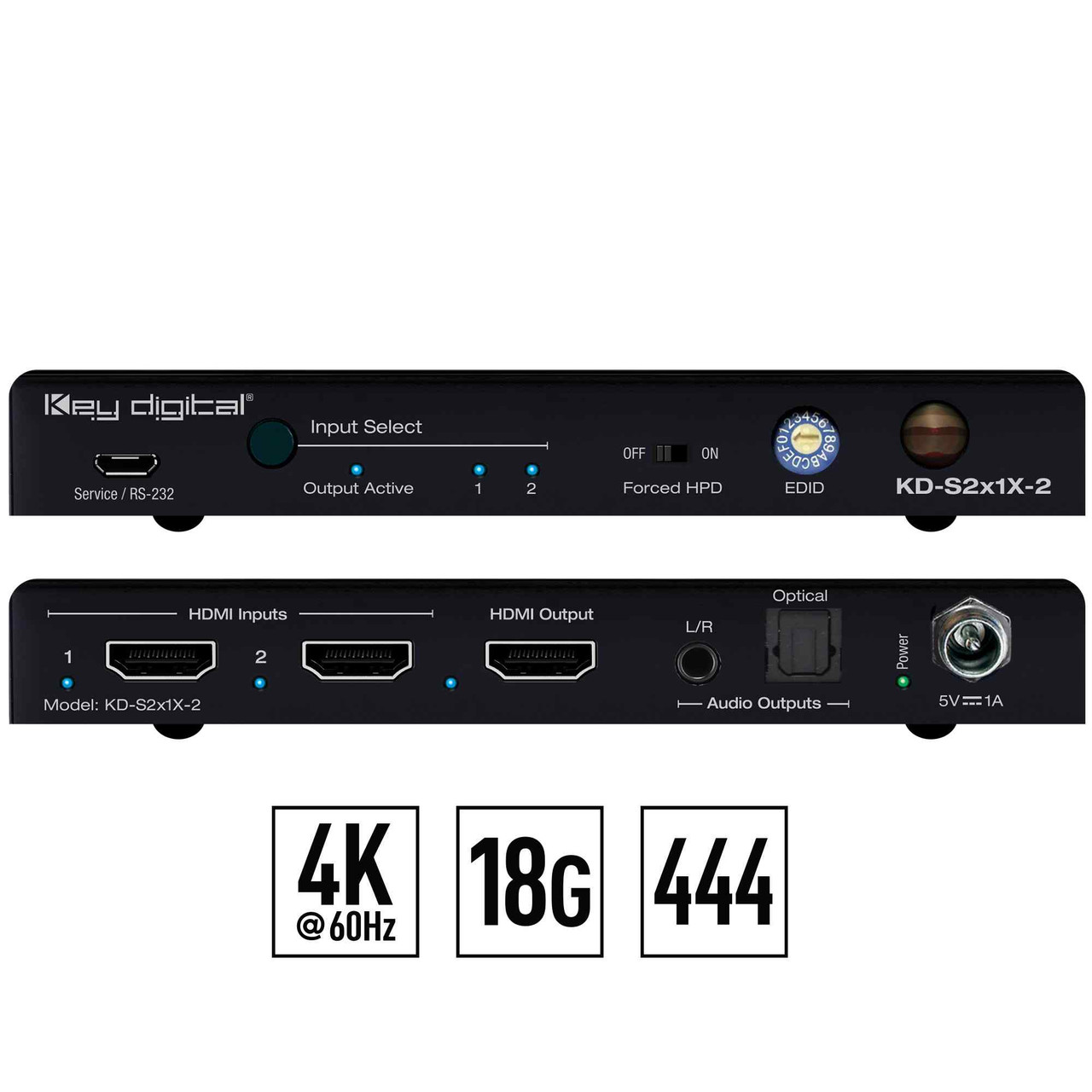 Key Digital 2 Input Slim Series HDMI Auto Switcher, A 4K/18G HDMI switcher - KD-S2x1X-2