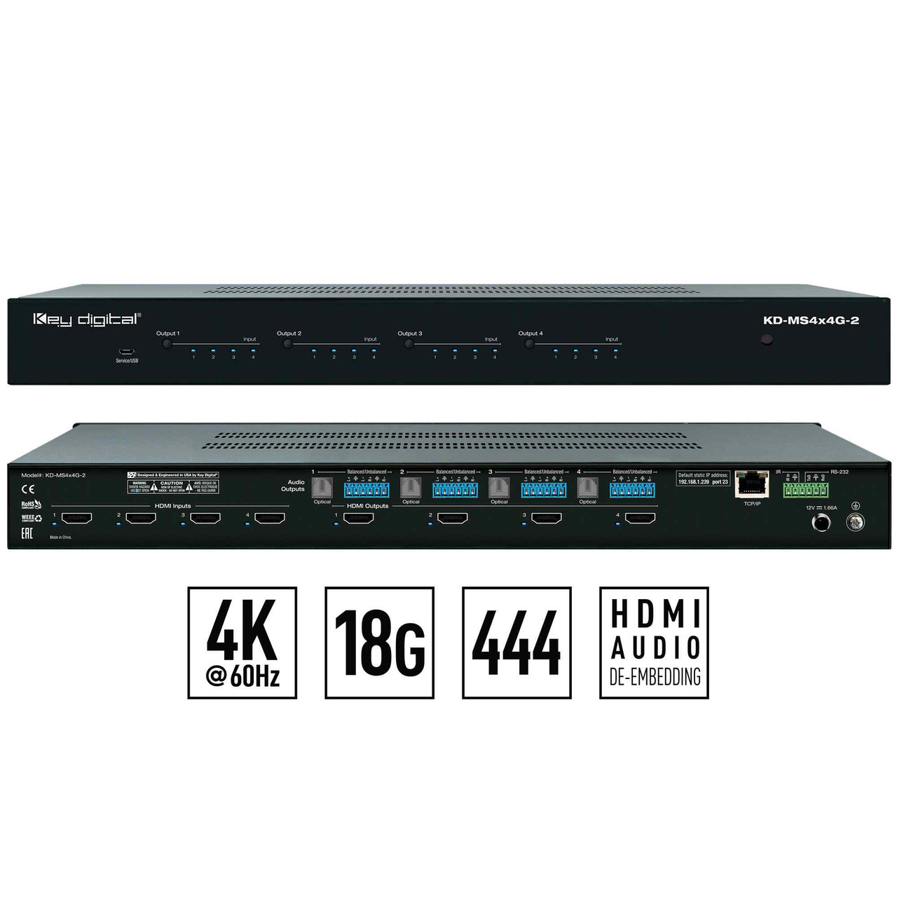 Key Digital 4 Input 4 Output HDMI Matrix Switcher With Support Of 4K Resolution HDCP 2.2 - KD-MS4x4G-2