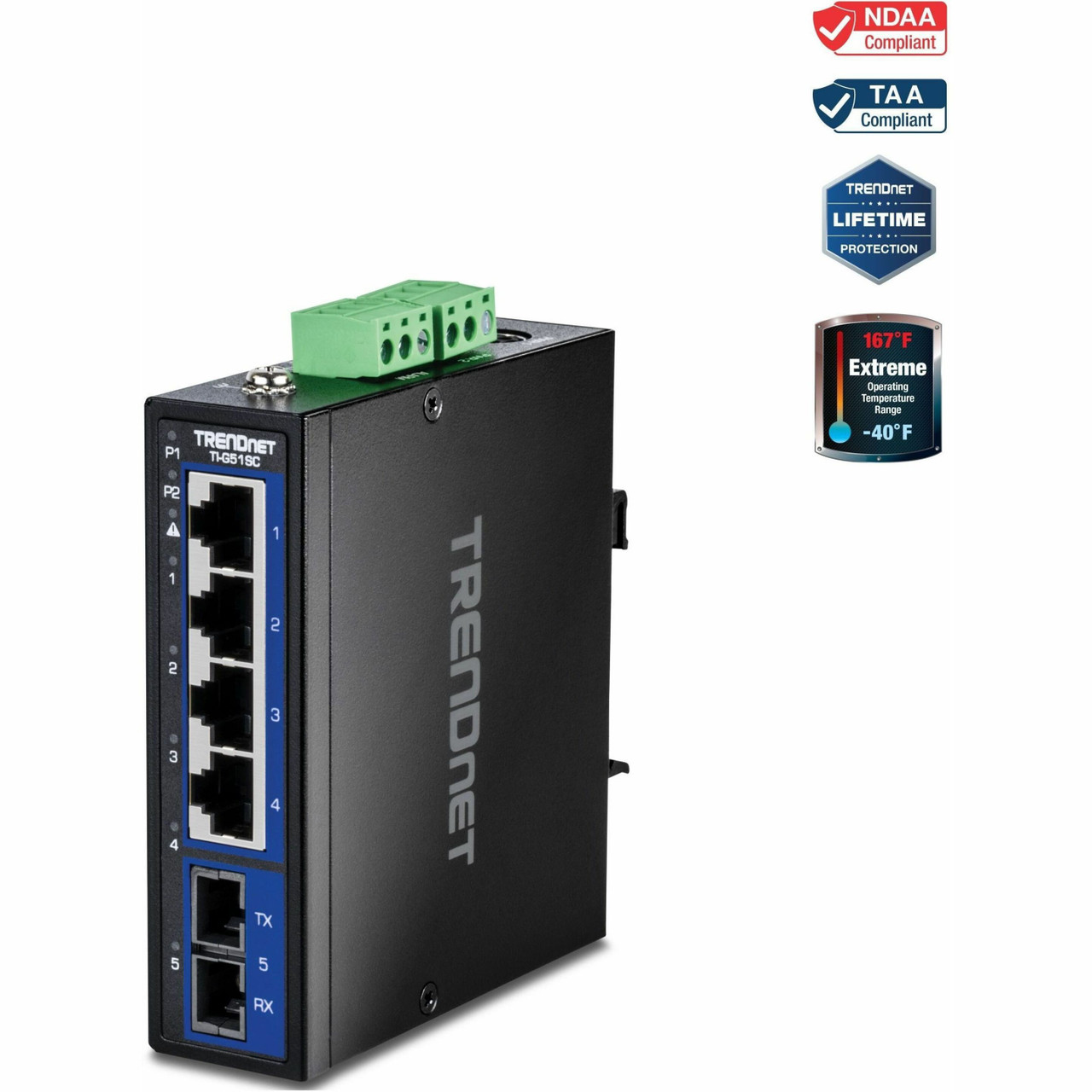 Trendnet 5-Port Hardened Industrial Gigabit DIN-Rail Switch, TI-G51SC, 1 x Multi-Mode SC Port, 4 x Gigabit Ports, 10Gbps, IP30 Rated, Lifetime Protection, Black - TI-G51SC