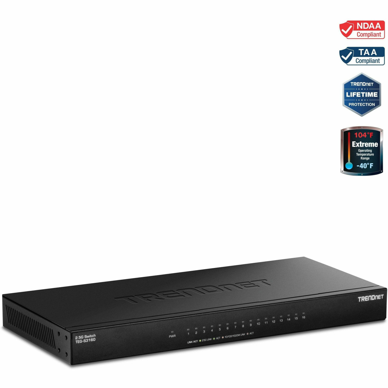 Trendnet 16-Port Unmanaged 2.5G Desktop Network Ethernet Switch, TEG-S3160, 16 x 2.5Gb RJ-45 Ports, 80Gbps Switching Capacity, NDAA TAA Compliant, Lifetime Protection, Black - TEG-S3160