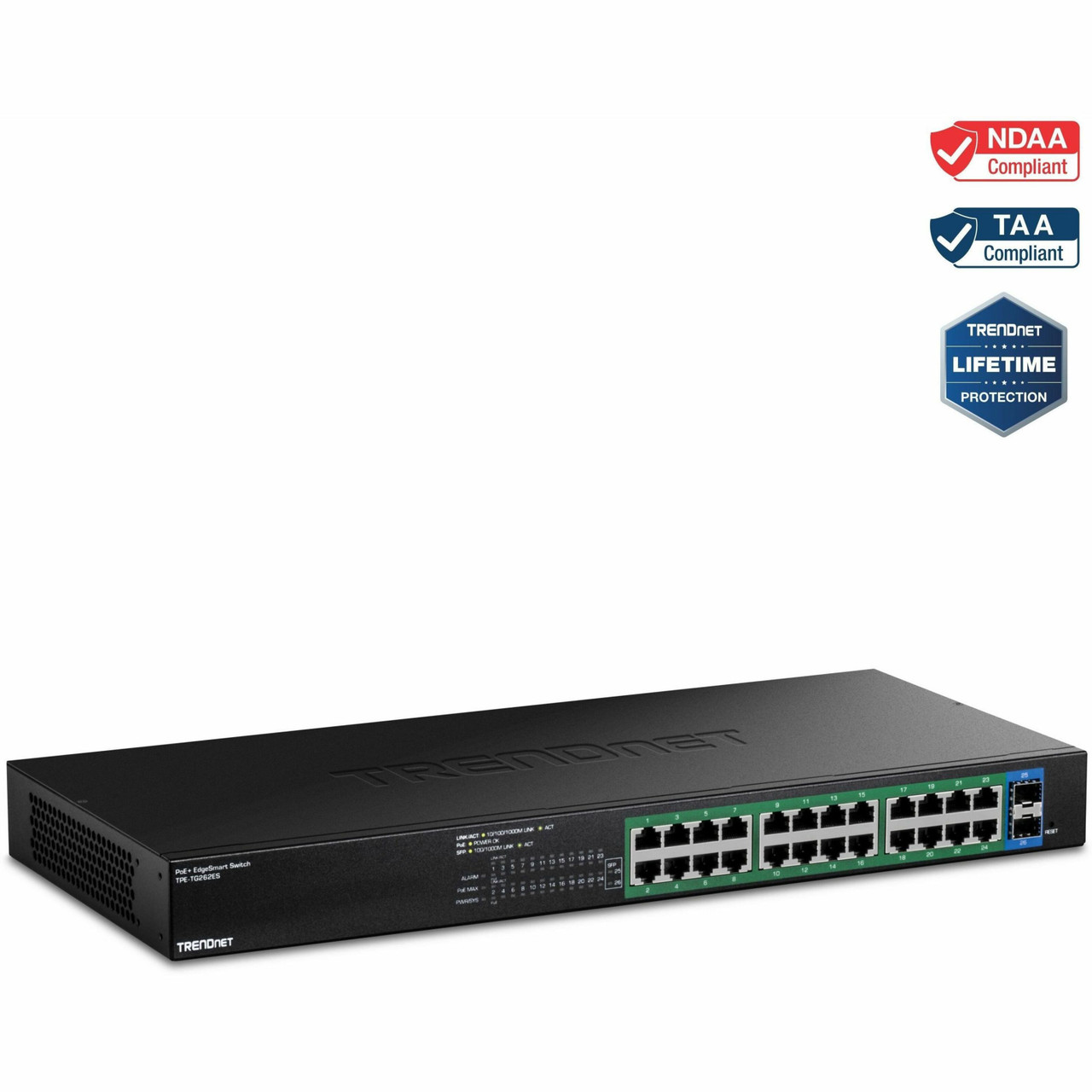 Trendnet 26-Port Gigabit EdgeSmart PoE+ Switch, TPE TG262ES, 380W PoE Power Budget, 24 x Gigabit PoE+ Ports, 2 x Gigabit SFP Ports, Managed Network Ethernet Switch, Lifetime Protection, Black - TPE-TG262ES
