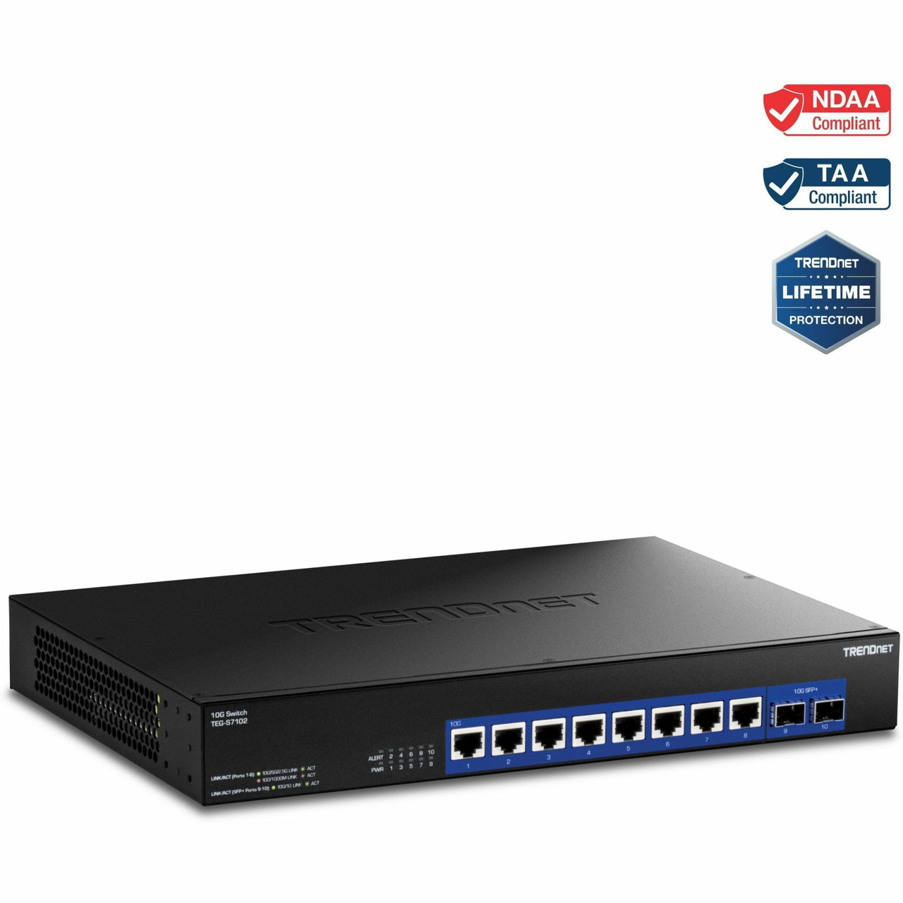 Trendnet 10-Port 10G Unmanaged Switch, TEG-S7102, 8 x 10G RJ-45 Ports, 2 x 10G SFP+ Ports, 200Gbps Switching Capacity, Rackmount Design, Lifetime Protection, Black - TEG-S7102