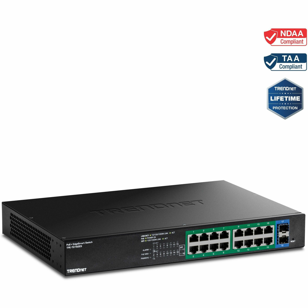Trendnet 18-Port Gigabit EdgeSmart PoE+ Switch, TPE TG182ES, 240W PoE Power Budget, 16 x Gigabit PoE+ Ports, 2 x Gigabit SFP Ports, Managed Network Ethernet Switch, Lifetime Protection, Black - TPE-TG182ES