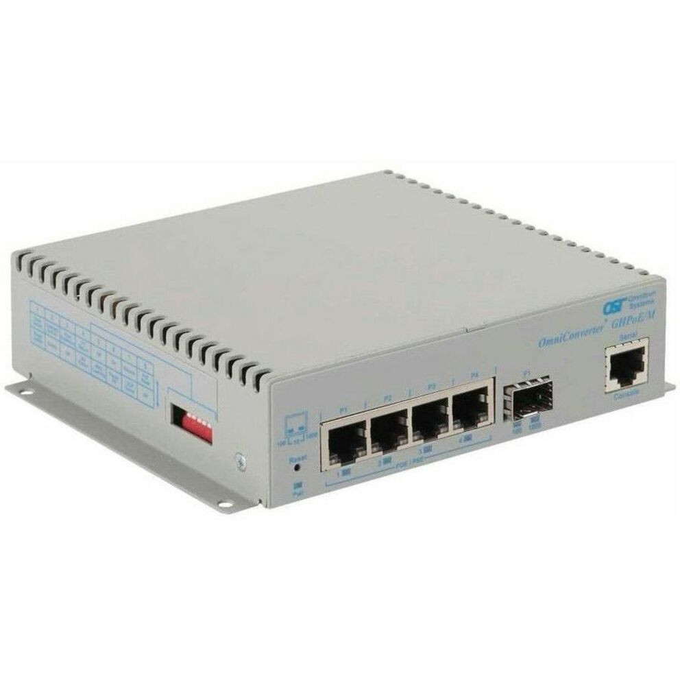 Omnitron OmniConverter GHPoEBT/M Transceiver/Media Converter - Network (RJ-45) - 4 x 60W PoE (RJ-45) Ports - Gigabit Ethernet - 1000Base-X, 10/100/1000Base-T - SFP - 1 x SFP Slots - DC - Standalone, Wall Mountable - 3119B-0-14-9W