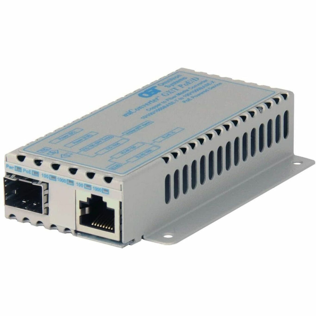 Omnitron miConverter GX/T Transceiver/Media Converter - 1 x Network (RJ-45) - 1x PoE (RJ-45) Ports - Gigabit Ethernet - 10/100/1000Base-T, 100/1000Base-X - 1.0 x Expansion Slots - SFP (mini-GBIC) - 1 x SFP Slots - 1239D-0-11W