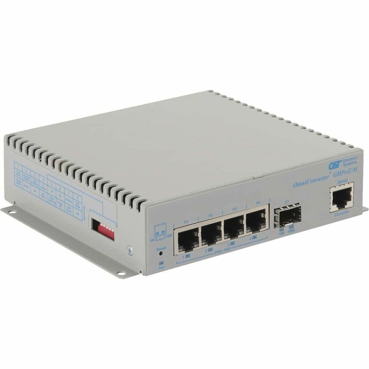 Omnitron OmniConverter GHPoEBT/M Transceiver/Media Converter - Network (RJ-45) - 4 x 60W PoE (RJ-45) Ports - Gigabit Ethernet - 1000Base-X, 10/100/1000Base-T - SFP - 1 x SFP Slots - DC - Standalone, Wall Mountable - 3119B-0-14-9Z