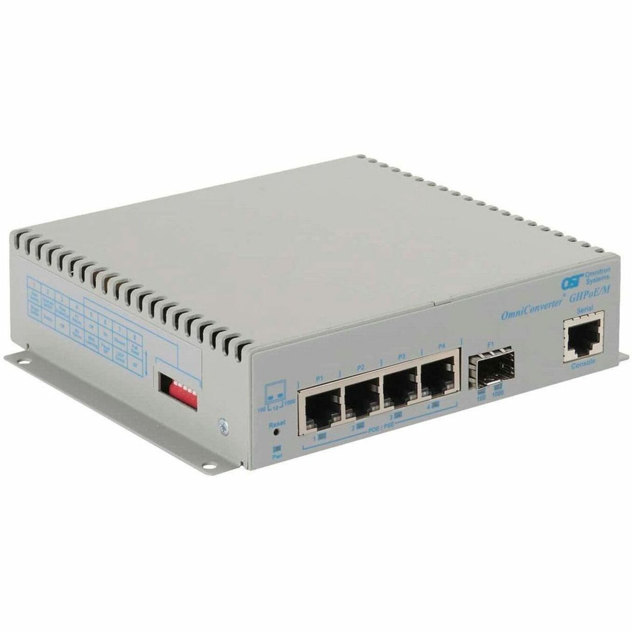 Omnitron OmniConverter GHPoEBT/M Transceiver/Media Converter - Network (RJ-45) - 4 x 60W PoE (RJ-45) Ports - Gigabit Ethernet - 1000Base-X, 10/100/1000Base-T - SFP - 1 x SFP Slots - DC - Standalone, Wall Mountable - 3119B-0-14-9