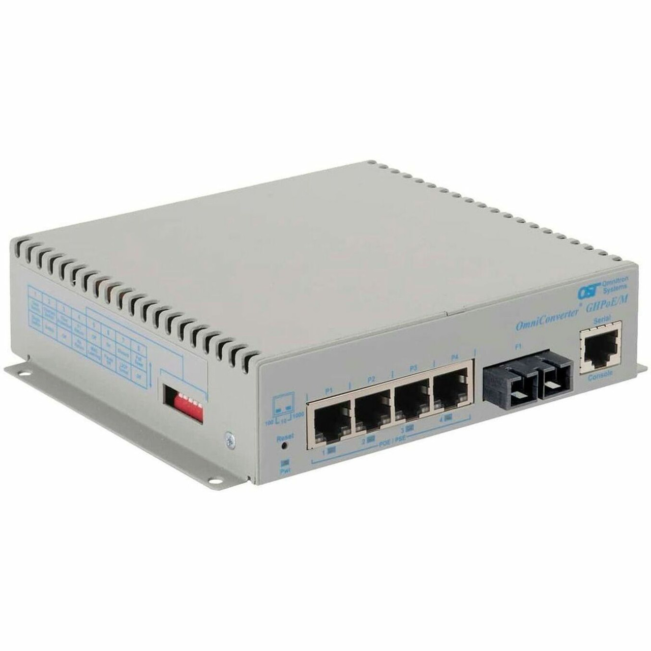 Omnitron OmniConverter GHPoEBT/M Transceiver/Media Converter - Network (RJ-45) - 4 x 60W PoE (RJ-45) Ports - 1 x SC Ports - Multi-mode - 0 mil Fiber - Gigabit Ethernet - 1000Base-T, 1000Base-X - 0.55 km - AC - Standalone - 3102B-0-14-1