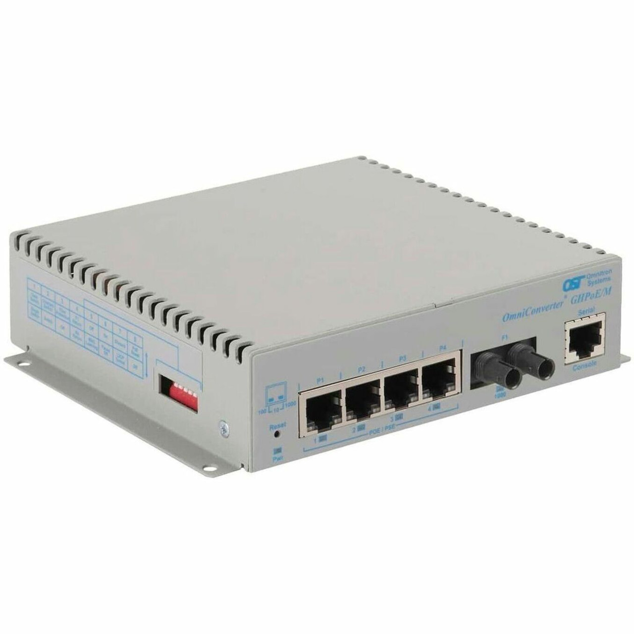 Omnitron OmniConverter GHPoEBT/M Transceiver/Media Converter - Network (RJ-45) - 4 x 60W PoE (RJ-45) Ports - 1 x ST Ports - Multi-mode - 0 mil Fiber - Gigabit Ethernet - 1000Base-X, 10/100/1000Base-T - 0.55 km - DC - 3100B-0-14-9Z