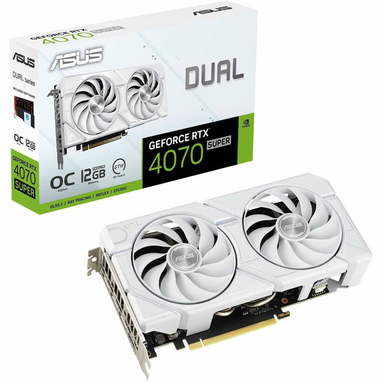 Asus NVIDIA GeForce RTX 4070 SUPER Graphic Card - 12 GB GDDR6X - 7680 x 4320 - 2.55 GHz Boost Clock - 192 bit Bus Width - PCI Express 4.0 - DisplayPort - 3 x DisplayPort - HDMI - DUAL-RTX4070S-O12G-EVO-WHITE