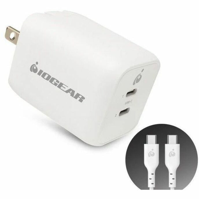 IOGEAR GearPower Dual USB-C 65W GaN Charger - 1 Pack - 65 W - 6 ft Cable - 20 V DC/3.25 A Output - GPAWC65W