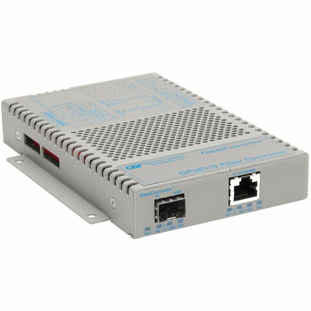 Omnitron OmniConverter GPoE+/S 9439-0-19 Transceiver/Media Converter - Network (RJ-45) - 1x PoE+ (RJ-45) Ports - Gigabit Ethernet - 10/100/1000Base-T, 1000Base-X - 1 x Expansion Slots - SFP (mini-GBIC) - 1 x SFP Slots - 9439-0-19