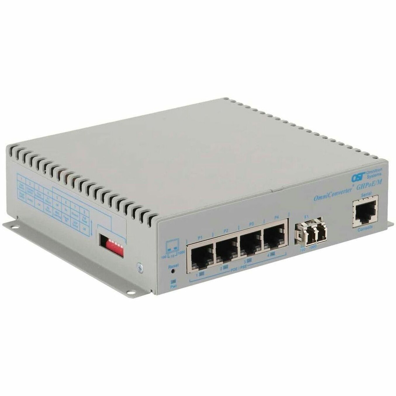 Omnitron OmniConverter GHPoEBT/M Transceiver/Media Converter - Network (RJ-45) - 4 x 60W PoE (RJ-45) Ports - 1 x LC Ports - Multi-mode - 0 mil Fiber - Gigabit Ethernet - 1000Base-T, 1000Base-X - 0.55 km - DC - Standalone - 3106B-0-14-9