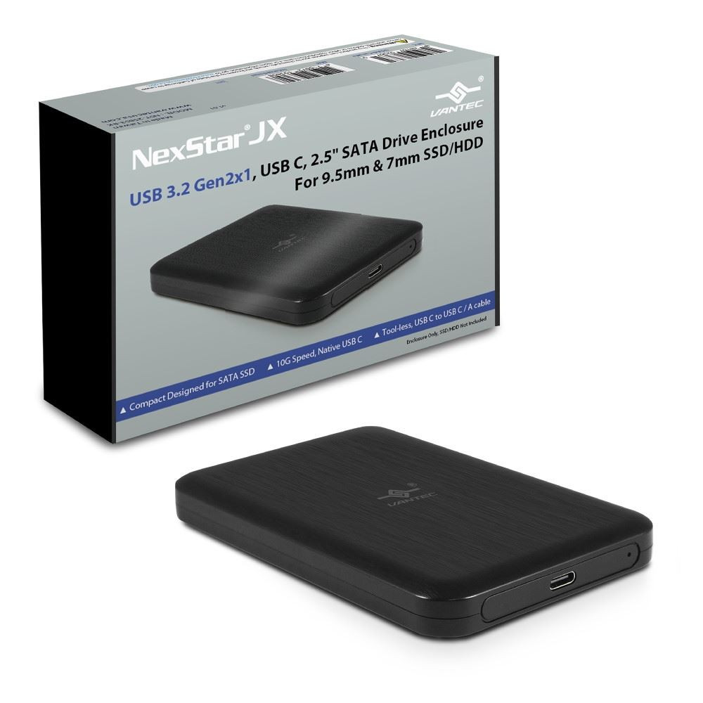 Vantec NexStar JX Series, USB 3.2 Gen2x1 (10Gbps), USB C, 2.5" SATA Drive Enclosure For 9.5mm & 7mm SSD/HDD - NST-258S3-BK