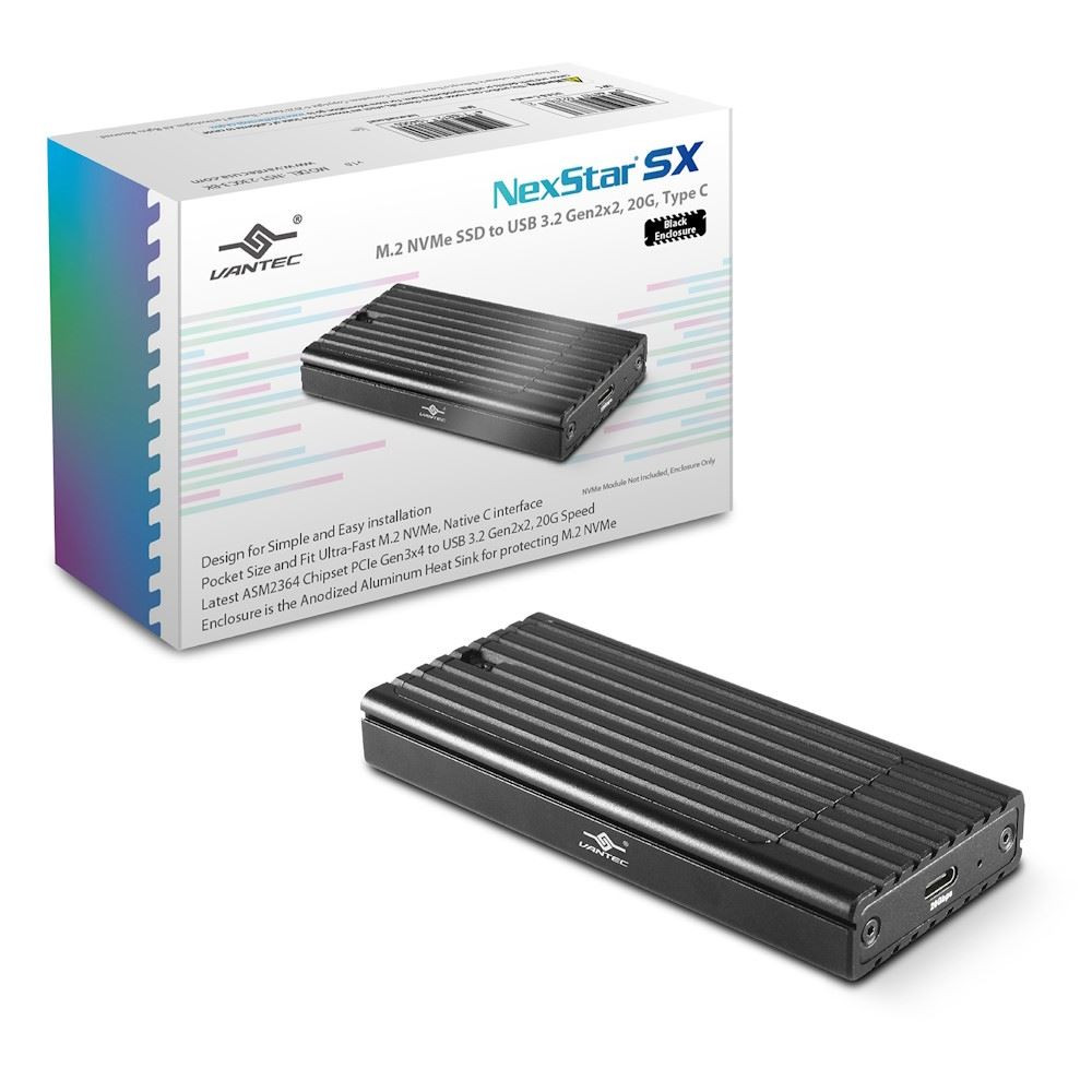 Vantec NexStar SX, M.2 NVMe SSD to USB 3.2 Gen2x2, 20G, Type C, Black Enclosure - NST-230C3-BK