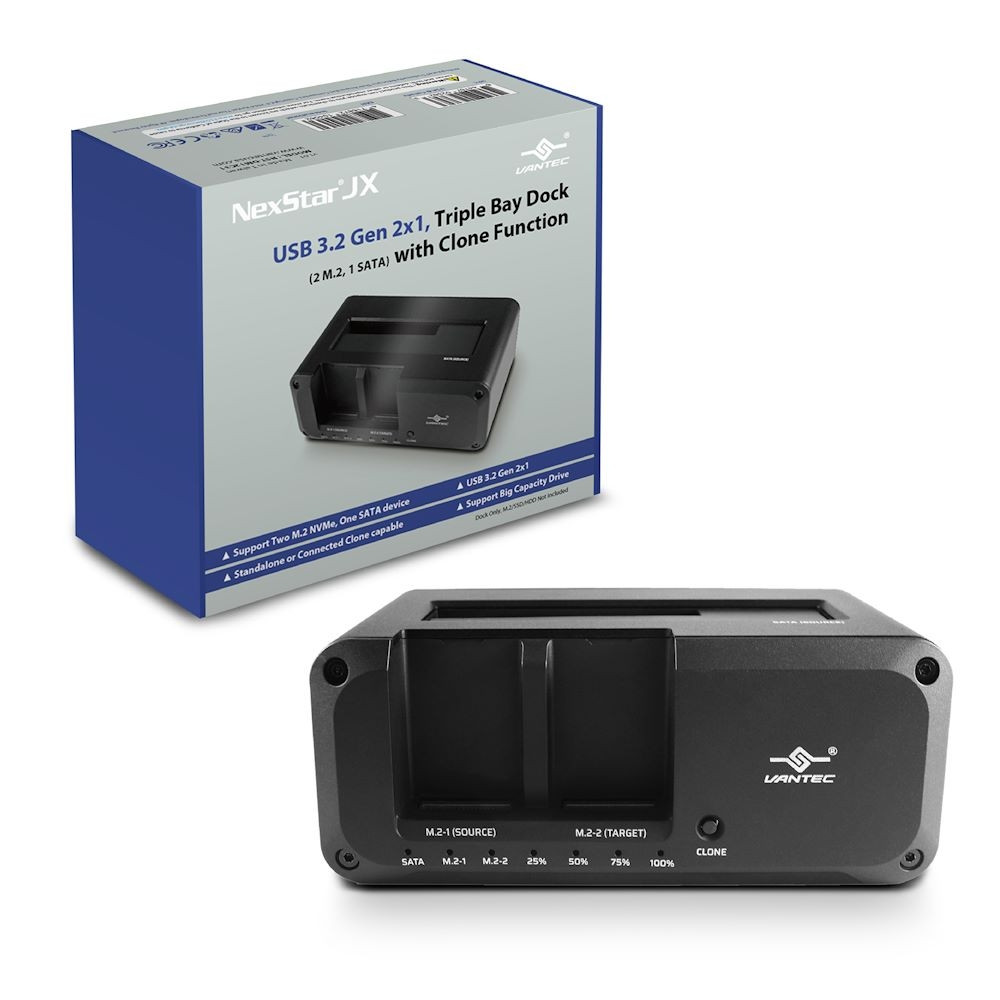 Vantec NexStar JX, USB 3.2 Gen 2x1, Triple Bay Dock (Dual M.2, Single SATA) with Clone Function - NST-DM12C31